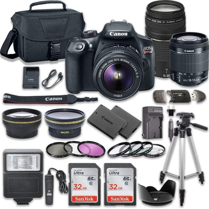 Canon EOS Rebel T6 DSLR Camera Bundle with Canon EF-S 18-55mm f/3.5-5.6 is II Lens + Canon EF 75-300mm f/4-5.6 III Lens + 2pc SanDisk 32GB Memory Cards + Accessory Kit