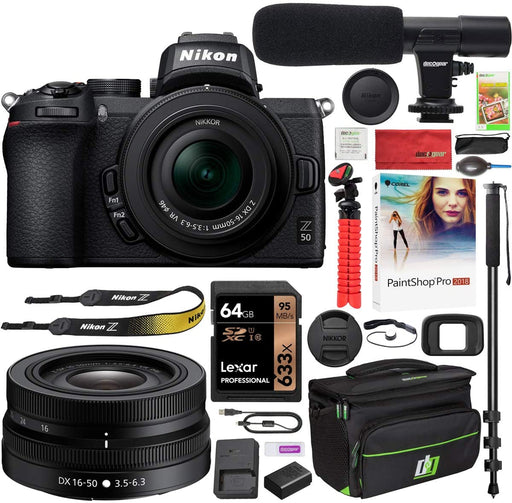 Nikon Z50 Mirrorless Camera Body 4K UHD DX-Format NIKKOR Z DX 16-50mm F/3.5-6.3 VR Lens Bundle with Deco Gear Deluxe Gadget Bag Case + Microphone + Monopod + 64GB Memory Card & Accessories