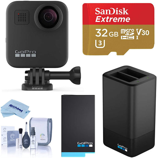 GoPro MAX Waterproof 360 Camera with Touch Screen, 5.6K30 UHD Video 16.6MP Photos Bundle with Dual Charger, Extra Battery, 32GB microSD Card, Cleaning Kit