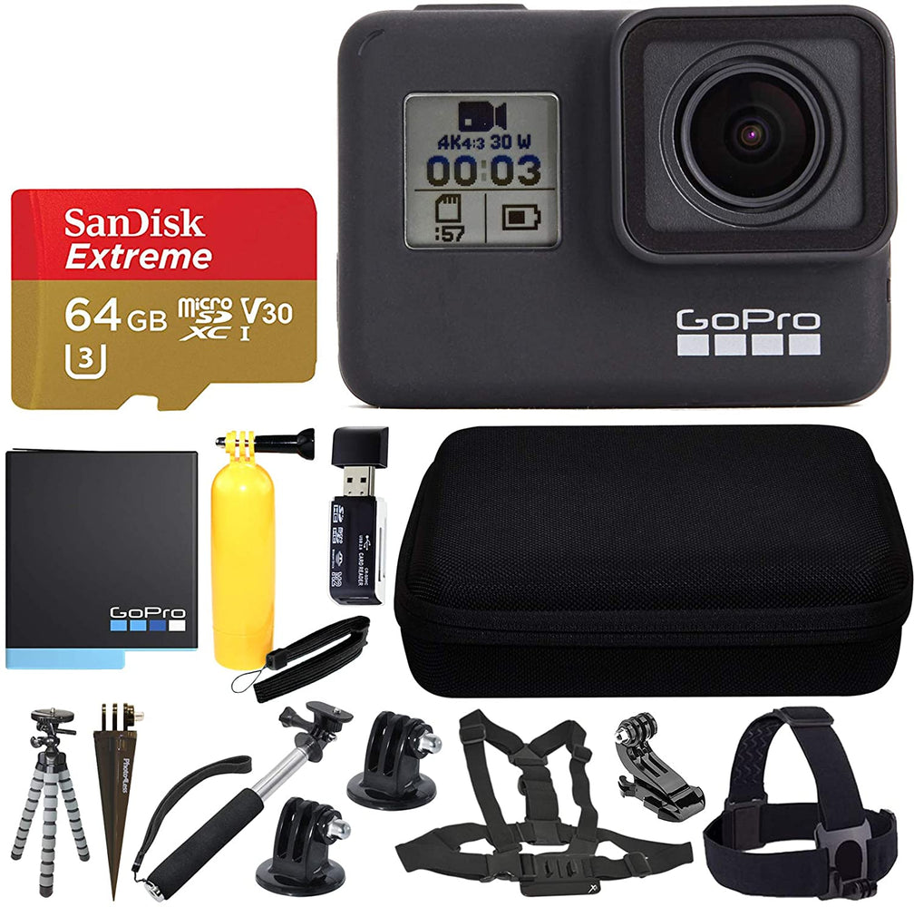 GoPro HERO7 Black Sports Action Camera + SanDisk 64GB Extreme UHS-I microSDXC Memory Card + Hard Case + Head Strap & Chest Strap + Spike Mount + Floating Handle + Monopod + Top Value Accessories!