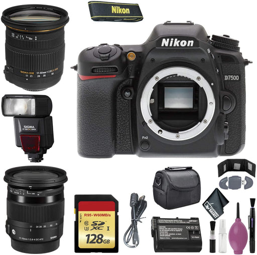 Nikon D7500 DSLR Camera (Body Only) (International Model) - 128GB - Case - EN-EL15 Battery - Sigma EF530 ST - 17-50 2.8 EX DC OS HSM NIKON - 17-70mm f/2.8-4 DC Macro OS HSM Lens