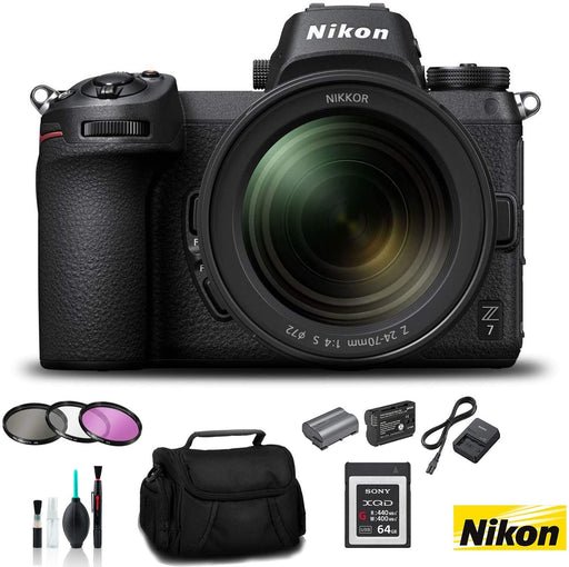 Nikon Z 7 Mirrorless FX-Format Digital Camera with 24-70mm Lens - Bundle 64GB Memory Card + EN-EL15 Li-on Battery + External Rapid Charger + 72mm 3 Pc Filter Kit and More - International Version