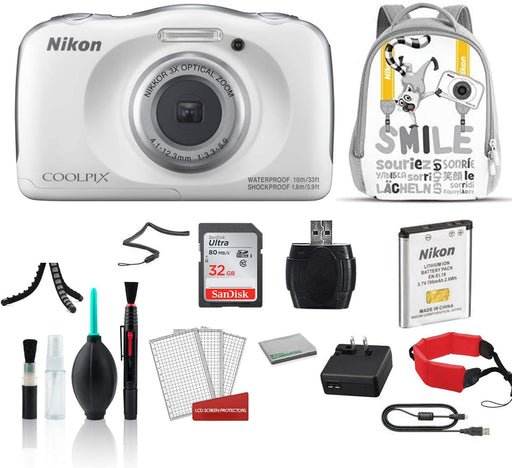 Nikon COOLPIX W100 Waterproof Rugged Digital Camera White Kid- Friendly - Bundle with White Backpack + 32GB Sandisk Memory Card + More