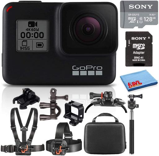 GoPro HERO7 Black Waterproof Action Camera Bundle with 50-Piece Accessory Action Kit + Carrying Case + 128GB MicroSD Memory Card