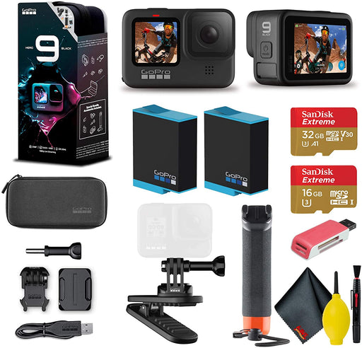 GoPro HERO9 Action Camera - Special Bundle + Floating Hand Grip + Magnetic Swivel Clip + Sandisk 32GB & 16GB SD Cards + 2 Batteries + Case and More. 5K HD Video, 20MP Photos, 1080p Live Streaming