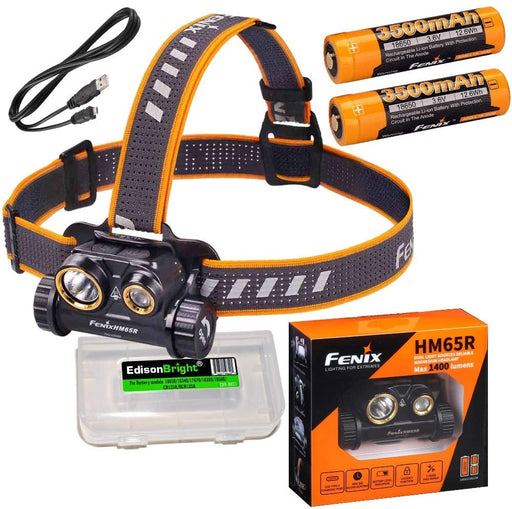 Fenix HM65R dual beam 1400 lumen LED Headlamp, 2 X high capacity batteries with EdisonBright battery carry case bundle