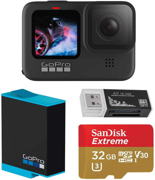 GoPro HERO9 Black, Waterproof Action Camera, 5K/4K Video, Essential Bundle with Extra Battery, 32GB microSD Card, Card Reader