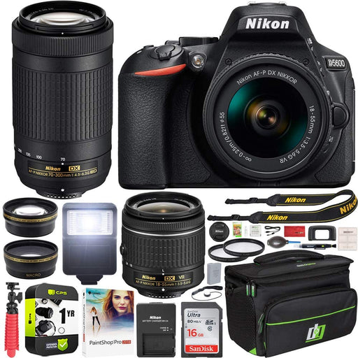 Nikon D5600 DSLR Wi-Fi Digital SLR Camera with Double Zoom 2 Lens Kit AF-P 18-55mm VR & 70-300mm ED + 0.43x Wide Angle Lens + Lens + Case + 1 Year Extended Protection Plan and Accessory Bundle