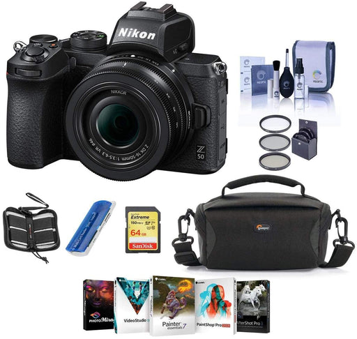 Nikon Z50 Mirrorless Camera with NIKKOR Z DX 16-50mm f/3.5-6.3 VR Lens - Bundle with Camera Case, 64GB SDXC Memory Card, 46mm Filter Kit, Cleaning Kit, Memory Wallet, Card Reader, PC Software Package