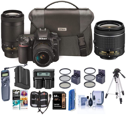 Nikon D7500 DSLR with AF-P DX NIKKOR 18-55mm VR + 70-300 ED VR Lenses, Bag - Bundle with 64 SDXC Card, Tripod, Spare Battery, Remote Shutter Trigger, 55mm/58 Filter Kits, Software Pack + More