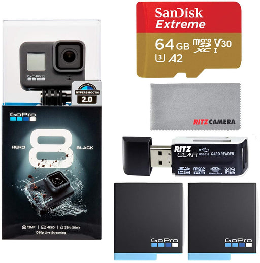 GoPro Hero8 Black Action Camera with Accessory Bundle - Sandisk 64gb U3 Memory Card, 2 X GoPro USA Batteries and Cleaning Cloth