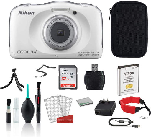Nikon COOLPIX W100 Waterproof Rugged Digital Camera White - Bundle with Carrying Case + 32GB Sandisk Memory Card + More