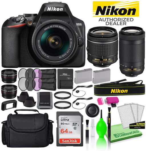 Nikon D3500 24.2MP DSLR Digital Camera with 18-55mm and 70-300mm Lenses (1588) USA Model Deluxe Bundle -Includes- Sandisk 64GB SD Card + Large Camera Bag + Filter Kit + Spare Battery + Telephoto Lens