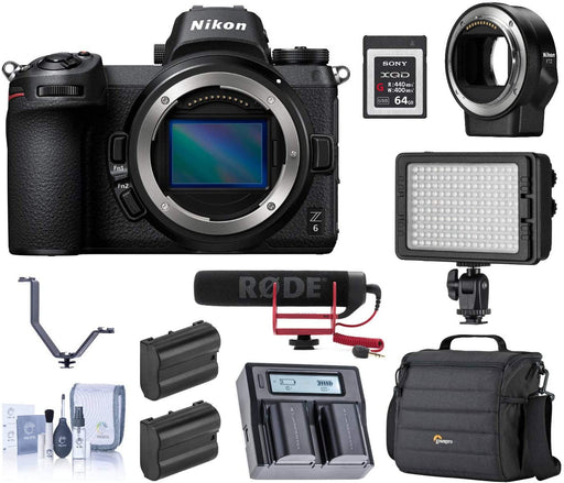 Nikon Z6 FX-Format Mirrorless Digital Camera Body with Mount Adapter FTZ Bundle with Camera Bag, 64GB XQD Card, Rode Mic, LED Light, 2 Batteries, Dual Charger, 3 Shoe V-Bracket, Cleaning Kit