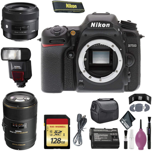 Nikon D7500 DSLR Camera (Body Only) (International Model) - 128GB - Case - EN-EL15 Battery - Sigma EF530 ST - 30mm f/1.4 DC HSM Art Lens - 105mm f/2.8 EX DG OS HSM Macro Lens