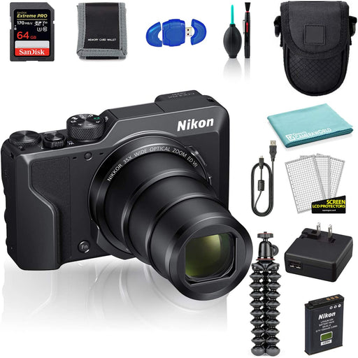 Nikon COOLPIX A1000 Digital Camera (Black) (26527) USA Model + SanDisk 64GB Extreme PRO Memory Card + Memory Card Wallet + 12 Inch Flexible Tripod + Camera Bag + Deluxe Cleaning Set + USB Card Reader
