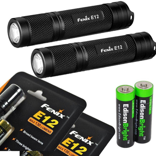 2 Pack Fenix E12 CREE XP-E2 130 Lumen LED flashlight with two EdisonBright AA alkaline batteries. E11 upgrade