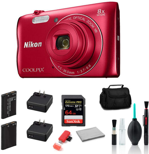 Nikon A300 Coolpix Camera (Red) with 64GB Memory Card-International Model