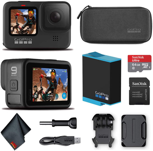 GoPro HERO9 Black - Waterproof Action Camera with Front LCD and Touch Rear Screens, 5K HD Video, 20MP Photos, 1080p Live Streaming, Stabilization + Sandisk 64GB Card and Cleaning Cloth