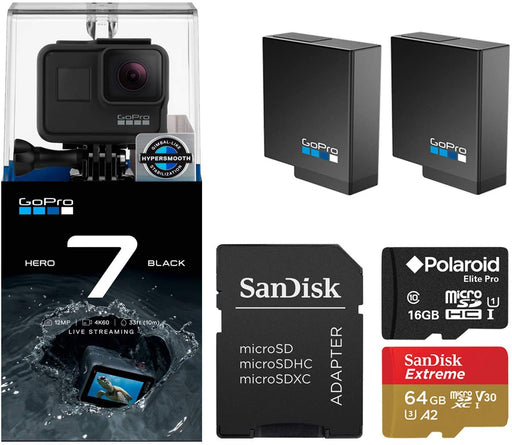 GoPro Hero 7 Black Edition with Two Extra GoPro USA Batteries + Sandisk Extreme 64GB MicroSD + Free Polaroid 16GB MicroSD (80GB Total)