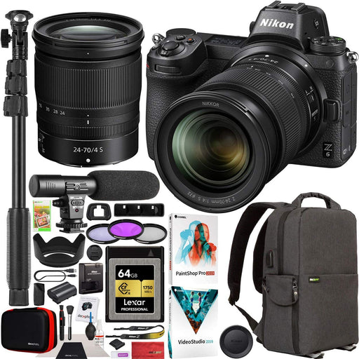 Nikon Z6 Mirrorless Camera Body with 24-70mm F4 Lens FX-Format Full-Frame 4K UHD Filmmaker's Kit Bundle with Deco Gear Backpack + Microphone + Monopod + 64GB CFexpress Card + Software and Accessories