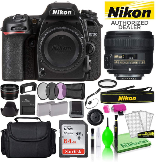 Nikon D7500 20.9MP DSLR Digital Camera with AF-S 50mm f/1.8G Lens (1581) USA Model Deluxe Bundle -Includes- Sandisk 64GB SD Card + Large Camera Bag + Filter Kit + Spare Battery + Telephoto Lens + More