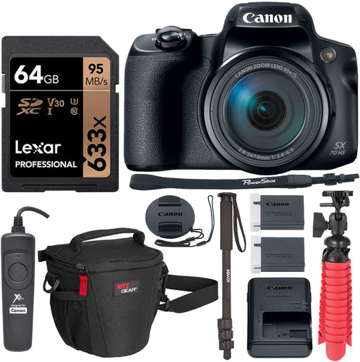 Canon PowerShot SX70 HS 4K Camera with Video-Ready Lexar U3 Memory Card, Monopod, Tripod, Camera Case and Accessory Bundle