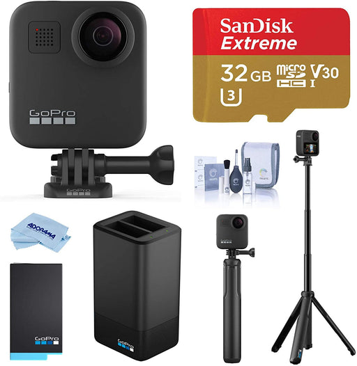 GoPro MAX Waterproof 360 Camera with Touch Screen, 5.6K30 Video 16.6MP Photos Pro Bundle with Grip + Tripod, Dual Charger, Battery, 32GB microSD Card, Cleaning Kit