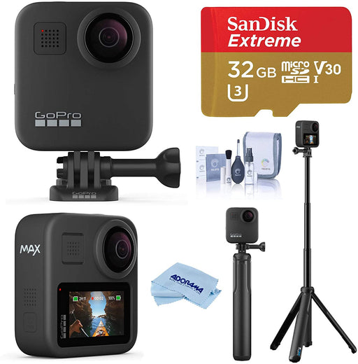 GoPro MAX Waterproof 360 Camera 5.6K30 UHD Video 16.6MP Photos 1080p Live Streaming Travel Bundle with Grip + Tripod, 32GB microSD Card, Cleaning Kit