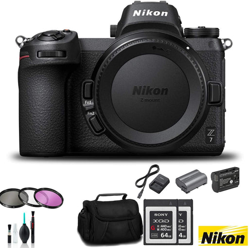 Nikon Z7 Mirrorless FX-Format Digital Camera (Body Only) - Bundle 2X 64GB Memory Card + EN-EL15 Li-on Battery + External Rapid Charger + 72mm 3 Pc Filter Kit and More - International Version