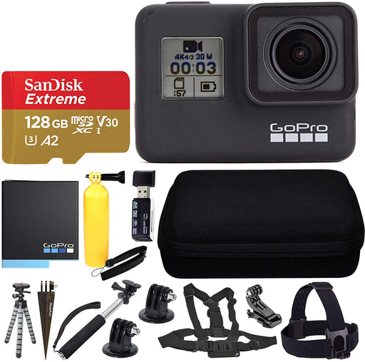 GoPro HERO7 Black Sports Action Camera + SanDisk 128GB Extreme UHS-I microSDXC Memory Card + Hard Case + Head Strap & Chest Strap + Spike Mount + Floating Handle + Monopod + Hero 7 Value Accessories!