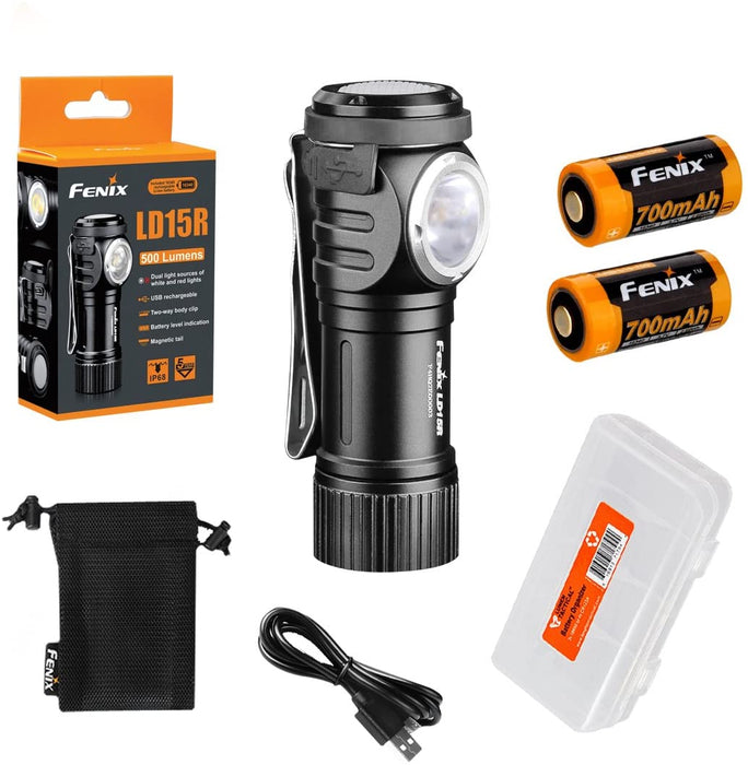 Fenix LD15R 500 Lumen Right-Angle White Red LED Rechargeable Mini Flashlight with 2x Batteries and LumenTac Battery Organizer