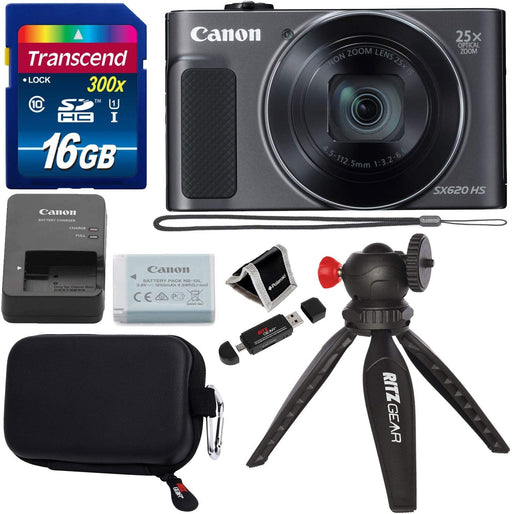 Canon PowerShot SX620 Digital Camera w/25x Optical Zoom - Wi-Fi & NFC Enabled (Black), Transcend 16GB SDHC Memory Card, Ritz Gear Point & Shoot Camera Case and Accessory Bundle