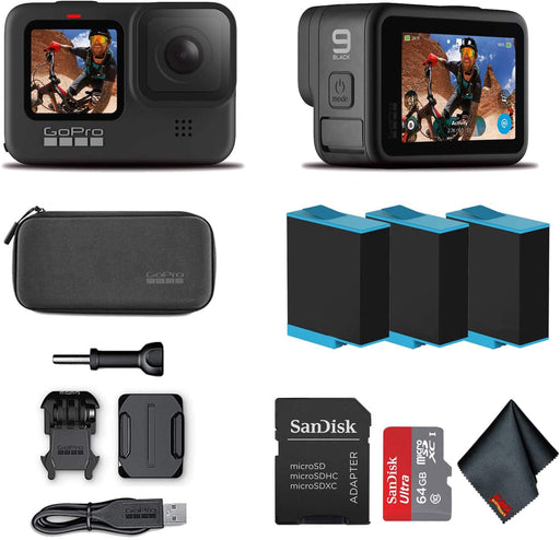 GoPro HERO9 Black - Waterproof Action Camera with Front LCD and Touch Rear Screens, 5K HD Video, 20MP Photos, 1080p Live Streaming, Stabilization + Sandisk 64GB Card and 2 Extra HERO9 Batteries