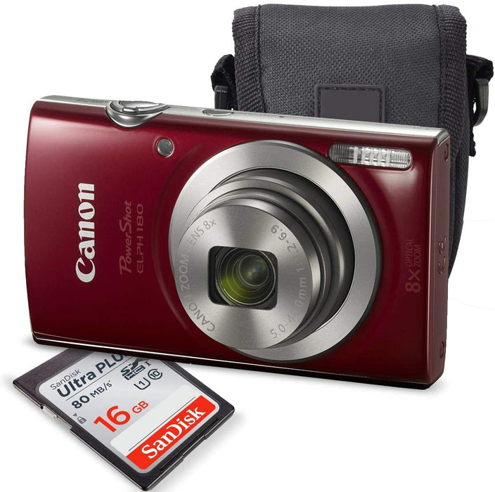 Canon PowerShot ELPH 180 Digital Camera (Red) + 16GB SDHC Memory Card + Mini Table Tripod +Protective camera case with Deluxe Cleaning Bundle