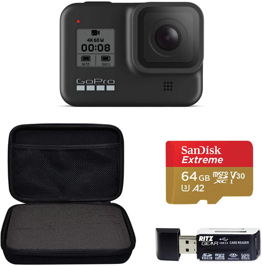 GoPro Hero 8 Black Action Camera with Accessory Bundle - Sandisk 64GB MicroSD, Memory Card Reader and Carrying Case