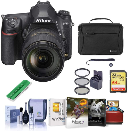 Nikon D780 FX-Format DSLR Camera with AF-S NIKKOR 24-120mm f/4G ED VR Lens - Bundle with 64GB SDXC Card, Camera Bag, 77mm Filter Kit, Cleaning Kit, Capleash II, Card Reader, Mac Software Package