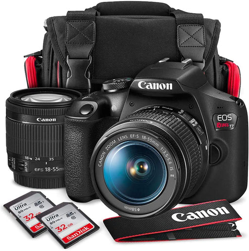 Canon T7 EOS Rebel DSLR Camera with EF-S 18-55mm f/3.5-5.6 is II Lens W/Telephoto & Wideangle Lens 3 Pc. Filter Kit + Tripod + Flash & 2 X 32GB SD Card and Basic Accessory Kit