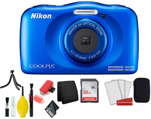 Nikon Coolpix W150 Wi-Fi Rugged Waterproof Digital Camera (Blue) 13.2 MP Bundle with 32GB Sandisk Memory Card + Floating Strap + Carrying Case + More (International Model)