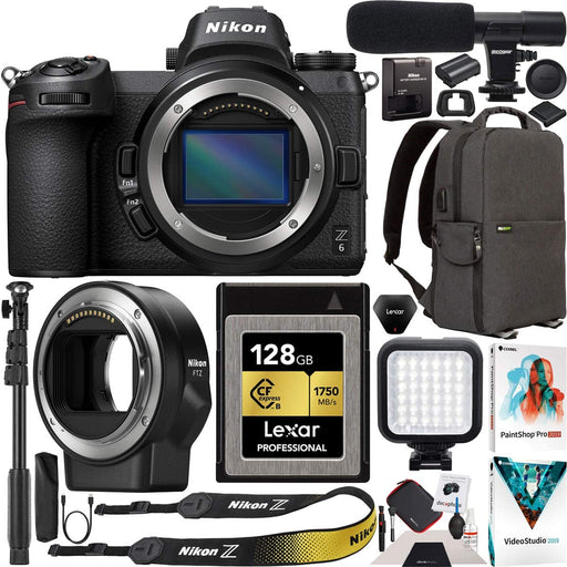 Nikon Z6 Mirrorless Camera Body FX-Format Full-Frame 4K UHD with FTZ F-Mount Lens Adapter Bundle w/ 128GB CFexpress Memory Card + Deco Gear Backpack + Microphone + LED + Software Kit and Accessories