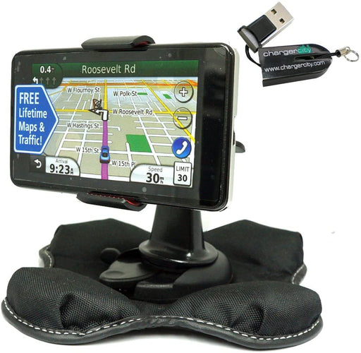 Garmin Nuvi 1100 1200 1250 1260 1260t 1300 1350 1350t 1370 1370t 1390 1390t GPS Portable Dashboard Friction Mount Kit by ChargerCity w/OEM Micro SD USB Card Reader, Bracket Cradle & Beanbag Dash Mount