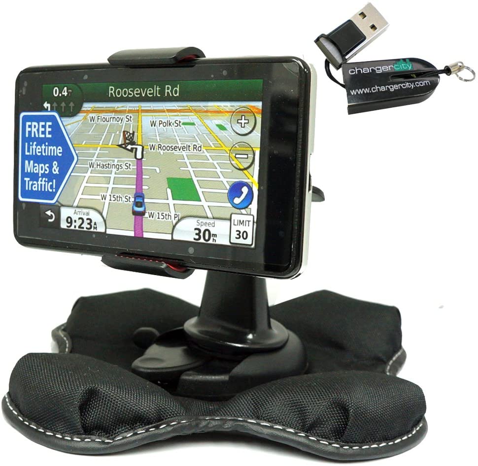 Garmin Nuvi 1100 1200 1250 1260 1260t 1300 1350 1350t 1370 1370t 1390 1390t GPS Portable Dashboard Friction Mount Kit by ChargerCity w/OEM Micro SD USB Card Reader, Bracket Cradle & Beanbag Dash Mount