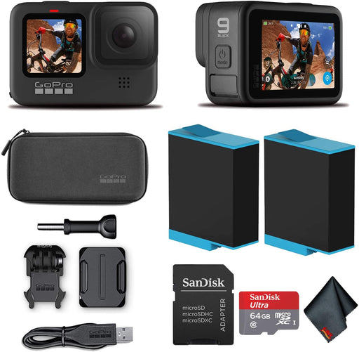 GoPro HERO9 Black - Waterproof Action Camera with Front LCD and Touch Rear Screens, 5K HD Video, 20MP Photos, 1080p Live Streaming, Stabilization + Sandisk 64GB Card and Extra HERO9 Battery