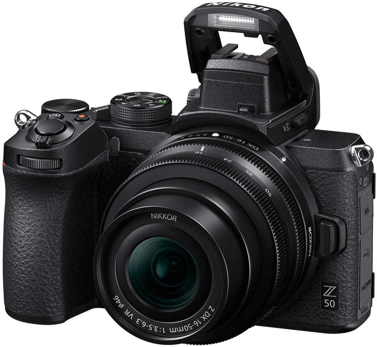 Nikon Z 50 DX-Format Mirrorless Camera with 16-50mm f/3.5-6.3 VR Lens, Essential Bundle with Bag, 64GB SD Card, Wrist Strap and Accessories