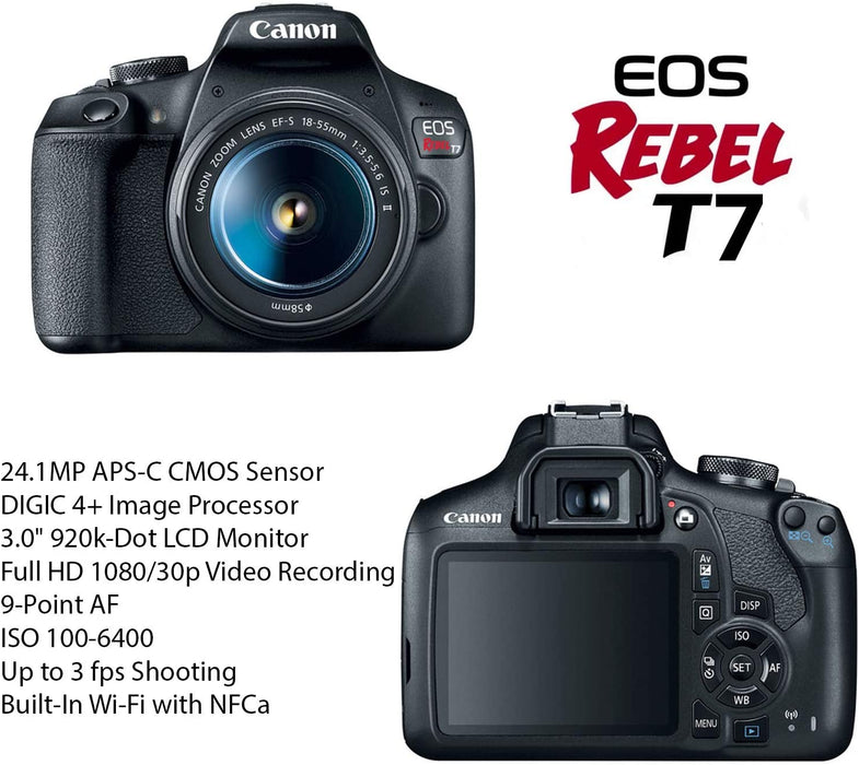 Canon EOS Rebel T7 DSLR Camera Bundle with Canon EF-S 18-55mm f/3.5-5.6 is II Lens + 2pc SanDisk 32GB Memory Cards + Accessory Kit