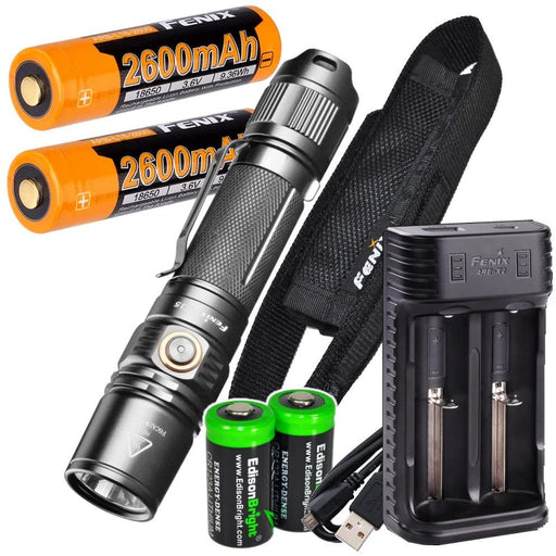 Fenix PD35 V2.0 1000 Lumen 2018 Tactical Flashlight with 2 X Rechargeable Batteries, are-X2 Charger and 2 X EdisonBright CR123A Batteries