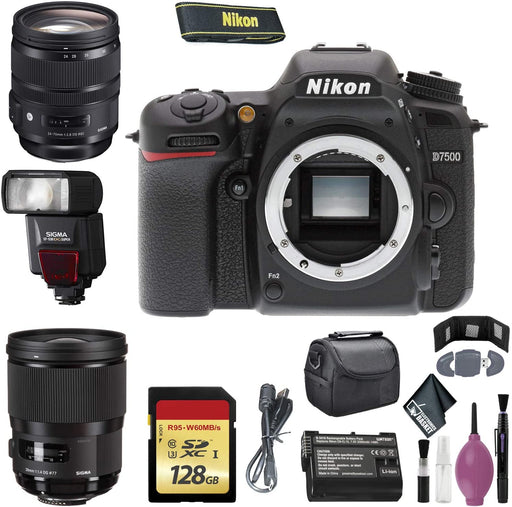 Nikon D7500 DSLR Camera (Body Only) (International Model) - 128GB - Case - EN-EL15 Battery - Sigma EF530 ST - 28mm f/1.4 DG HSM Art Lens F - 24-70mm f 2.8 DG OS HSM Art Lens EF