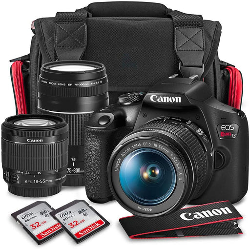 Canon T7 EOS Rebel DSLR Camera with 18-55mm and 75-300mm Lenses Kit & 32GB Dual SD Card Accessory Bundle