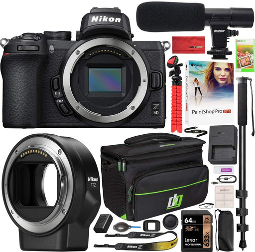 Nikon Z50 Mirrorless Camera Body 4K UHD DX-Format Bundle FTZ Lens Mount Adapter and Deco Gear Backpack Travel Case + Photo Video LED + Compact Tripod + 64GB Card + Software & Accessories