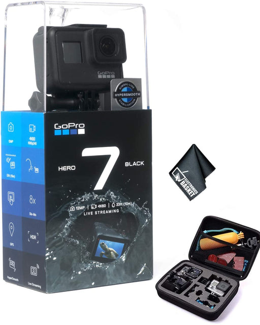 GoPro HERO7 (Black) Waterproof Digital Action Camera w/Touch Screen 4K HD Video 12MP Photos Live Streaming Stabilization - Bundle Kit